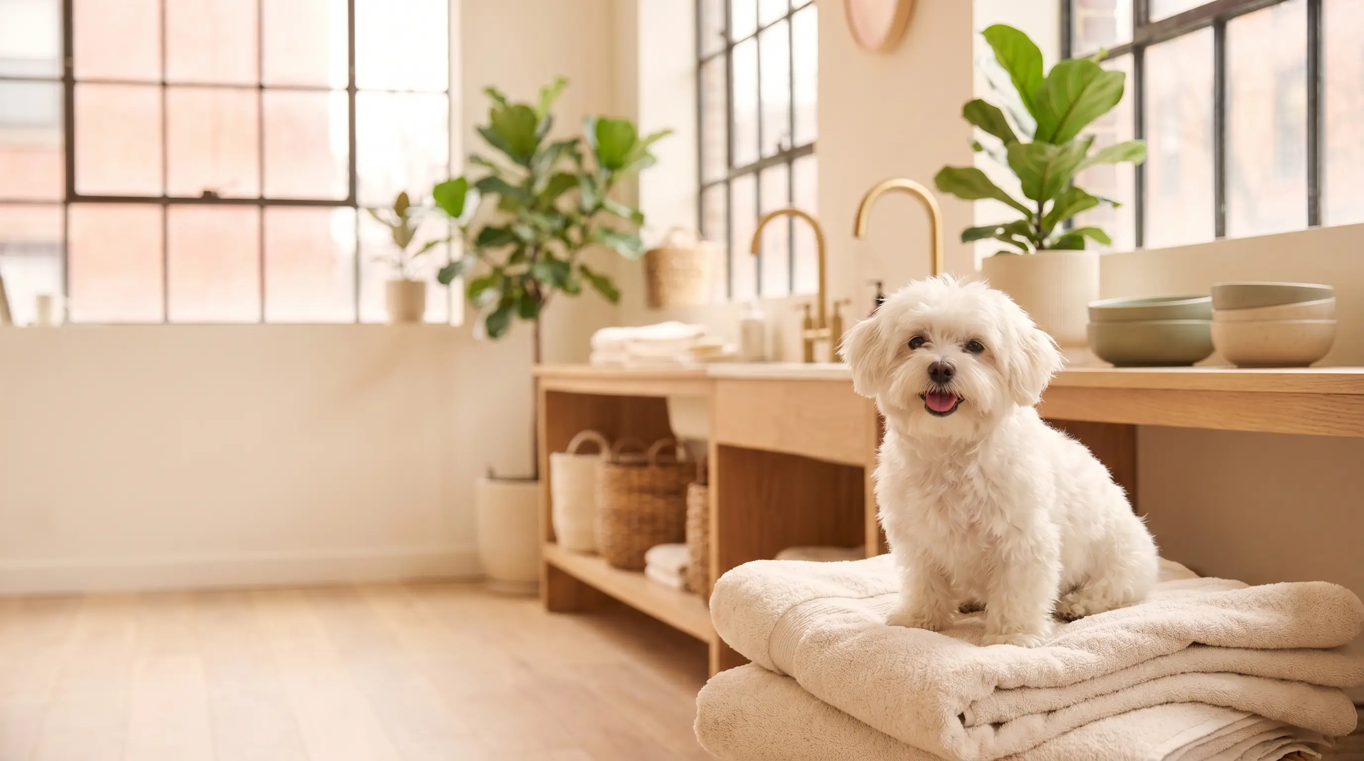 A freshly groomed small dog resting calmly in the Tiny Tails studio in soft morning light